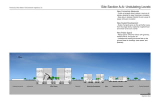 Florence/La Brea Station TOD Downtown Inglewood, CA                                                       Site Section A-A: Undulating Levels
                                                                                                                           New Connective Measures
                                                                                                                           - Public art projects direct visitors in and out of
                                                                                                                           plazas, allowing for easy Downtown circulation
                                                                                                                           - New alley in between Market St and Locust St
                                                                                                                           eases vehicular circulation

                                                                                                                           New Scaled Development
                                                                                                                           - Scale of projects grow as the get farther away
                                                                                                                           from the single family residential neighborhood
                                                                                                                           and closer to the Civic Center

                                                                                                                           New Public Space
                                                                                                                           - Plaza spaces welcome visitors with greenery,
                                                                                                                           street furniture, and public art
                                                                                                                           - Underground parking structures free up the
                                                                                                                           ground plane for buildings, open space, and
                                                                                                                           greenery




     Existing Commercial   La Brea Ave                Office Towers   Market St   Mixed Use Development     Alley   Apartment Complex        Locust St       Existing Residential




                                                                                                                                                                              50 ft

                                                                                                                                                                 Stephanie Byrd
 