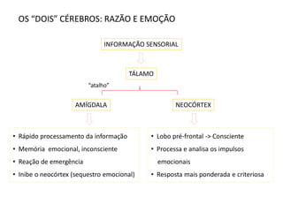 OS “DOIS” CÉREBROS: RAZÃO E EMOÇÃO
NEOCÓRTEXAMÍGDALA
• Lobo pré-frontal -> Consciente
• Processa e analisa os impulsos
emocionais
• Resposta mais ponderada e criteriosa
INFORMAÇÃO SENSORIAL
TÁLAMO
• Rápido processamento da informação
• Memória emocional, inconsciente
• Reação de emergência
• Inibe o neocórtex (sequestro emocional)
“atalho”
 