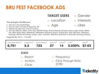 BRU FEST FACEBOOK ADS
                 TARGET USERS     o Gender
                 o Location       o Interests
                 o Age            o Likes




     STATS
     o Reach       o Frequency
     o Actions     o Click Through Rate
     o Clicks        (CTR)
 