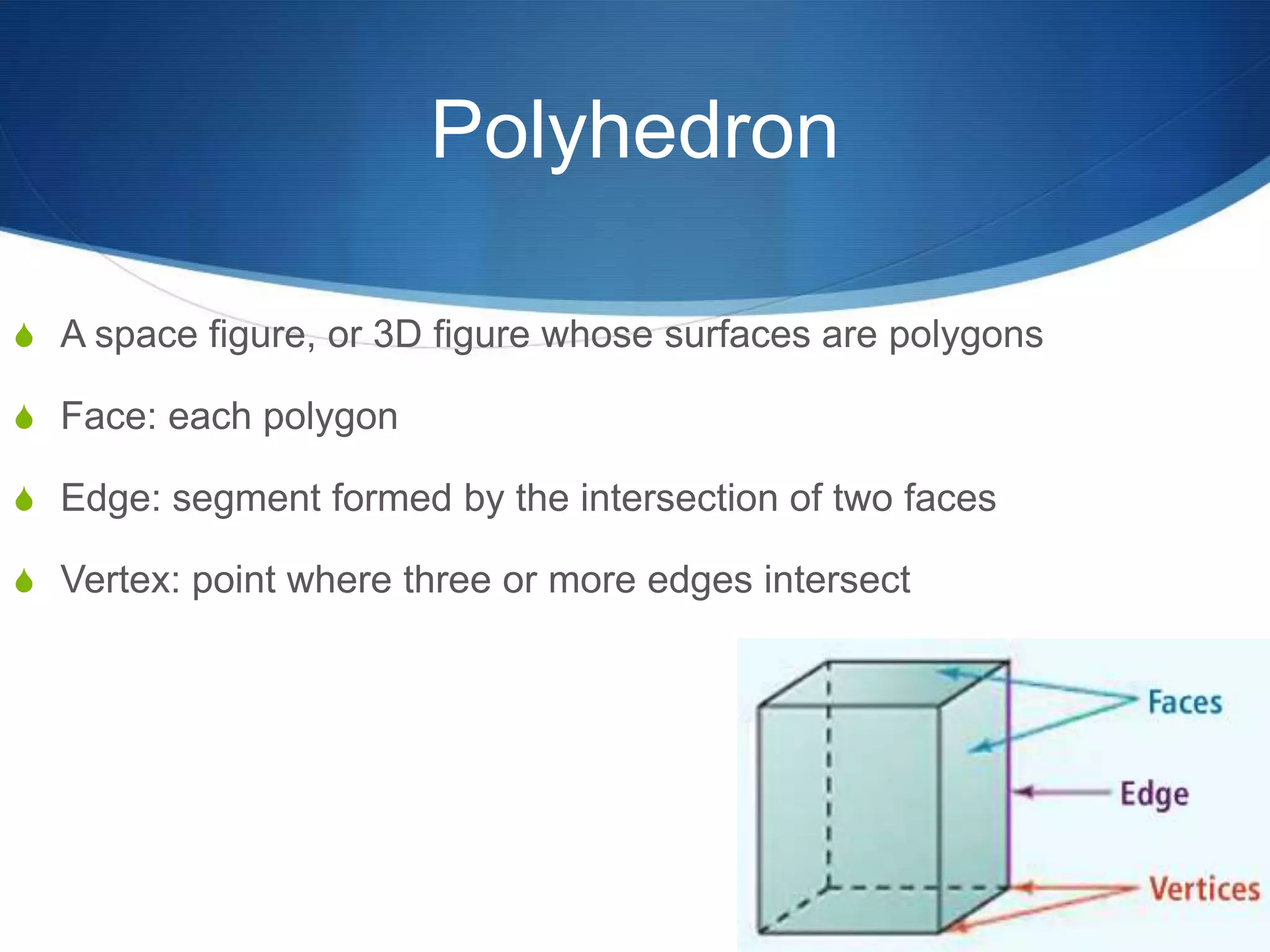 Polyhedron

S A space figure, or 3D figure whose surfaces are polygons

S Face: each polygon

S Edge: segment formed by the intersection of two faces

S Vertex: point where three or more edges intersect
 