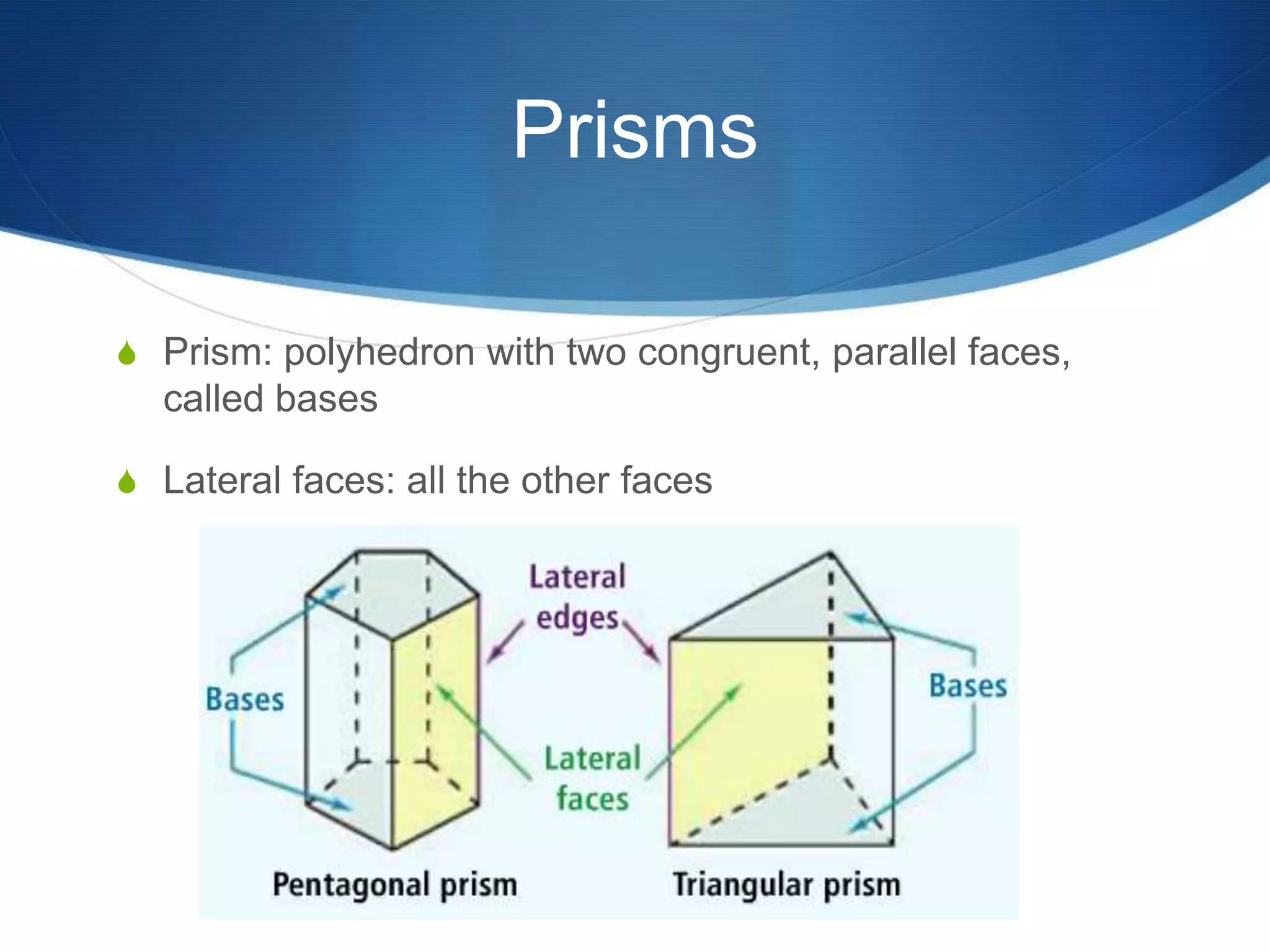Prisms

S Prism: polyhedron with two congruent, parallel faces,
  called bases

S Lateral faces: all the other faces
 