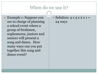 When do we use it?Example 1: Suppose you are in charge of planning a school event where a group of freshmen, sophomores, juniors and seniors will present a song and dance.  How many ways can you put together this song and dance event?Solution: 4 x 3 x 2 x 1 = 24 ways