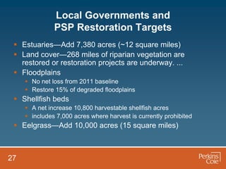 Local Governments and
               PSP Restoration Targets
  Estuaries—Add 7,380 acres (~12 square miles)
  Land cover—268 miles of riparian vegetation are
   restored or restoration projects are underway. ...
  Floodplains
      No net loss from 2011 baseline
      Restore 15% of degraded floodplains
  Shellfish beds
      A net increase 10,800 harvestable shellfish acres
      includes 7,000 acres where harvest is currently prohibited
  Eelgrass—Add 10,000 acres (15 square miles)



27
 