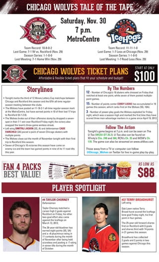 CHICAGO WOLVES TALE OF THE TAPE
Saturday, Nov. 30
7 p.m.
MetroCentre
Team Record: 11-11-1-0
Last Game: 1-7 Loss at Chicago (Nov. 29)
Season Series: 1-1-0-0
Last Meeting: 1-7 Road Loss (Nov. 29)

Team Record: 10-8-0-2
Last Game: 7-1 W vs. Rockford (Nov. 29)
Season Series: 1-1-0-0
Last Meeting: 7-1 Home Win (Nov. 29)

Storylines
•	 Tonight marks the third of 12 Illinois Lottery Cup matchups between
Chicago and Rockford this season and the 67th all-time regularseason meeting between the clubs.
•  The Wolves have posted an 11-18-2-1 all-time regular-season mark
at the MetroCentre, but have earned points in 10 of their last 17 trips
to Rockford (8-7-2-0).
•	 The Wolves broke out of their offensive slump by dropped a sevenspot in their 7-1 win over Rockford Friday night; the victory also
snapped the team’s three-game winless streak.
•	 Left wing DMITRIJ JASKIN (2G, A) and defenseman CADE
FAIRCHILD (3A) paced a pack of seven Chicago skaters with 		
multiple points
• 	The Wolves close out the month of November tonight with their first
trip to Rockford this season.
• 	Seven of Chicago’s 10 victories this season have come on
enemy ice and the team has gained points in nine of its 11 road tilts
this year.

By The Numbers

12 - Number of Chicago’s 18 skaters who dressed on Friday that
notched at least one point, while seven of them posted multiplepoint games.

	

15 - Number of points center COREY LOCKE has accumulated in 19

	

3 - Number of power-play goals the Wolves exploded for Friday

games this season, which ranks first on the Wolves (5G, 10A).

night, which was a season-high and marked the first time they have
scored three man-advantage markers in a game since April 19, 2013.

Follow The Action

Tonight’s game begins at 7 p.m. and can be seen on The
U-Too (WCIU-DT 26.2). U-Too also can be found on
	 XFinity’s Chs. 248 and 360, RCN’s Ch. 35 and WOW’s Ch.
170. The game can also be streamed on www.ahllive.com.
Those away from a TV or computer can follow
@Chicago_Wolves on Twitter for live in-game play-by-play.

PLAYER SPOTLIGHT
#4 TAYLOR CHORNEY

#37 TERRY BROADHURST

Taylor Chorney matched a
career-high 2 goals against
Rockford on Friday; his other
two-goal effort also came
against the IceHogs on
March 13, 2012.

Oak Lawn native Terry
Broad-hurst scored the IceHogs
lone goal Friday night, his first
point in four games.

Defenseman

The 26-year-old blueliner has
earned eight points (3G, 5A)
and a +8 plus/minus rating in
11 contests during the month
of November after being held
scoreless and posting a -7 rating
in seven tilts during the month
of October.

Left wing

The 25-year-old forward shares
first on Rockford with 6 goals
and shares third with 14 points
in 21 games this season.
Broadhurst has collected
2 goals and 3 points in two
games against Chicago this
season.

 
