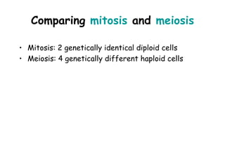 Comparing mitosis and meiosis

• Mitosis: 2 genetically identical diploid cells
• Meiosis: 4 genetically different haploid cells
 