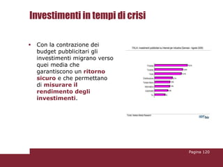 Investimenti in tempi di crisi

   Con la contrazione dei
    budget pubblicitari gli
    investimenti migrano verso
    quei media che
    garantiscono un ritorno
    sicuro e che permettano
    di misurare il
    rendimento degli
    investimenti.




                                 Pagina 120
 