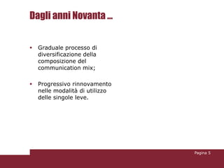 Dagli anni Novanta …


   Graduale processo di
    diversificazione della
    composizione del
    communication mix;

   Progressivo rinnovamento
    nelle modalità di utilizzo
    delle singole leve.




                                 Pagina 5
 