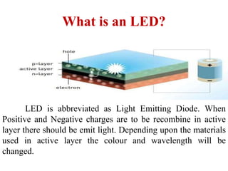 What is an LED?
LED is abbreviated as Light Emitting Diode. When
Positive and Negative charges are to be recombine in active
layer there should be emit light. Depending upon the materials
used in active layer the colour and wavelength will be
changed.