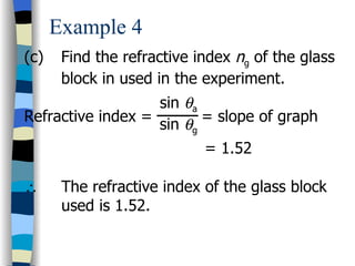 Example 4
(c)    Find the refractive index ng of the glass
       block in used in the experiment.
                   sin θa
Refractive index =        = slope of graph
                   sin θg
                            = 1.52

∴      The refractive index of the glass block
       used is 1.52.
 