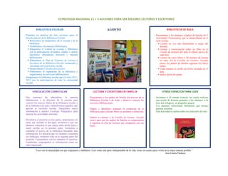 ESTRATEGIA NACIONAL 11 + 5 ACCIONES PARA SER MEJORES LECTORES Y ESCRITORES
AGOSTO
“Leer con la naturalidad con que respiramos y hablamos. Leer como una parte indispensable de la vida, como un medio para vivirla de la mejor manera posible.”
José Emilio Pacheco
OTROS ESPACIOS PARA LEER
- Invitamos a 10 mamás lectoras, las cuales realizan
una sesión de lecturas gratuitas a los alumnos, a la
hora del refrigerio, en pequeños grupos.
Los alumnos seleccionan libremente qué lectura
quieren escuchar.
Esta actividad se realiza todos los miércoles del mes.
LECTURA Y ESCRITURA EN FAMILIA
- Presentamos a los padres de familia los acervos de la
Biblioteca Escolar y de Aula, y damos a conocer los
servicios bibliotecarios.
- Padres y familiares tramitan la credencial de la
biblioteca para solicitar libros en préstamo a domicilio.
- Damos a conocer a la Cartilla de lectura: leyendo
juntos para que los padres de familia se comprometan
a registrar en ella las lecturas que comparten con sus
hijos.
VINCULACIÓN CURRICULAR
‐ Nos reunimos las educadoras, la maestra
bibliotecaria y la directora de la escuela para
conocer los nuevos títulos de la biblioteca escolar y
de la biblioteca de aula e identificamos aquéllos que
apoyan el currículo escolar. Integramos nueva
información a nuestro Catálogo Pedagógico para
mejorar las actividades docentes.
‐ Dividimos el pizarrón en dos partes, proponemos un
tema, por ejemplo el del agua, invitamos a que los
alumnos comenten lo que saben sobre dicho tema y
usted escriba en la primera parte. Invitamos a
consultar el acervo de la biblioteca buscando más
información. En plenaria que los alumnos comenten
sus hallazgos, tomamos nota en la segunda parte del
pizarrón. Comentamos con los alumnos el ejercicio.
Finalmente, reagrupamos la información como un
todo organizado.
BIBLIOTECA ESCOLAR
‐ Ponemos en práctica las 6eis acciones para el
fortalecimiento de la Biblioteca Escolar:
ƒ Realizamos un diagnóstico de la escuela y de la
biblioteca.
ƒ Nombramos a la maestra bibliotecaria.
ƒ Integramos el Comité de Lectura y Biblioteca
con la participación de padres, madres y demás
familiares, educadoras, directora y maestra
bibliotecaria.
ƒ Elaboramos el Plan de Fomento de Lectura y
Escritura de la Biblioteca Escolar enmarcado y
vinculado con el proyecto escolar.
ƒ Desarrollamos Círculos de Lectores.
ƒ Elaboramos el reglamento de la biblioteca y
organizamos los servicios bibliotecarios.
‐ Inauguramos la biblioteca escolar para el ciclo 2011-
2012 con la participación de toda la comunidad
escolar.
BIBLIOTECA DE AULA
- Presentamos a los alumnos y padres de familia las 5
Actividades Permanentes que se desarrollarán en el
ciclo escolar:
ƒ Lectura en voz alta diariamente a cargo del
docente.
ƒ Lectura y conversación sobre un libro en el
Círculo de lectores del aula el último jueves de
cada mes.
ƒ Lectura de cinco libros y 20 minutos de lectura
en casa. En la Cartilla de Lectura: leyendo
juntos los padres de familia registran los libros
leídos.
ƒ Cada semana se recibe un lector invitado en el
aula.
ƒ Índice lector del grupo.
 