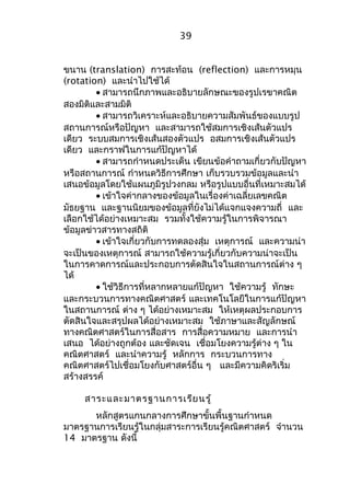 39 
ขนาน (translation) การสะท้อน (reflection) และการหมุน 
(rotation) และนำาไปใช้ได้ 
· สามารถนึกภาพและอธิบายลักษณะของรูปเรขาคณิต 
สองมิติและสามมิติ 
· สามารถวิเคราะห์และอธิบายความสัมพันธ์ของแบบรูป 
สถานการณ์หรือปัญหา และสามารถใช้สมการเชิงเส้นตัวแปร 
เดียว ระบบสมการเชิงเส้นสองตัวแปร อสมการเชิงเส้นตัวแปร 
เดียว และกราฟในการแก้ปัญหาได้ 
· สามารถกำาหนดประเด็น เขียนข้อคำาถามเกี่ยวกับปัญหา 
หรือสถานการณ์ กำาหนดวิธีการศึกษา เก็บรวบรวมข้อมูลและนำา 
เสนอข้อมูลโดยใช้แผนภูมิรูปวงกลม หรือรูปแบบอื่นที่เหมาะสมได้ 
· เข้าใจค่ากลางของข้อมูลในเรื่องค่าเฉลี่ยเลขคณิต 
มัธยฐาน และฐานนิยมของข้อมูลที่ยังไม่ได้แจกแจงความถี่ และ 
เลือกใช้ได้อย่างเหมาะสม รวมทั้งใช้ความรู้ในการพิจารณา 
ข้อมูลข่าวสารทางสถิติ 
· เข้าใจเกี่ยวกับการทดลองสุ่ม เหตุการณ์ และความน่า 
จะเป็นของเหตุการณ์ สามารถใช้ความรู้เกี่ยวกับความน่าจะเป็น 
ในการคาดการณ์และประกอบการตัดสินใจในสถานการณ์ต่าง ๆ 
ได้ 
· ใช้วิธีการที่หลากหลายแก้ปัญหา ใช้ความรู้ ทักษะ 
และกระบวนการทางคณิตศาสตร์ และเทคโนโลยีในการแก้ปัญหา 
ในสถานการณ์ ต่าง ๆ ได้อย่างเหมาะสม ให้เหตุผลประกอบการ 
ตัดสินใจและสรุปผลได้อย่างเหมาะสม ใช้ภาษาและสัญลักษณ์ 
ทางคณิตศาสตร์ในการสื่อสาร การสื่อความหมาย และการนำา 
เสนอ ได้อย่างถูกต้อง และชัดเจน เชื่อมโยงความรู้ต่าง ๆ ใน 
คณิตศาสตร์ และนำาความรู้ หลักการ กระบวนการทาง 
คณิตศาสตร์ไปเชื่อมโยงกับศาสตร์อื่น ๆ และมีความคิดริเริ่ม 
สร้างสรรค์ 
สาระและมาตรฐานการเรียนรู้ 
หลักสูตรแกนกลางการศึกษาขั้นพื้นฐานกำาหนด 
มาตรฐานการเรียนรู้ในกลุ่มสาระการเรียนรู้คณิตศาสตร์ จำานวน 
14 มาตรฐาน ดังนี้ 
 