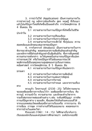 57 
3. การนำาไปใช้ (Application) เป็นความสามารถใน 
การนำาความรู้ กฎ หลักการข้อเท็จจริง สูตร ทฤษฎี ที่เรียนมา 
แล้วไปแก้ปัญหาใหม่ที่เกิดขึ้นเป็นผลสำาเร็จ การวัดพฤติกรรม มี 
4 ขั้นตอน คือ 
3.1 ความสามารถในการแก้ปัญหาที่เกิดขึ้นในชีวิต 
ประจำาวัน 
3.2 ความสามารถในการเปรียบเทียบ 
3.3 ความสามารถในการวิเคราะห์ข้อมูล 
3.4 ความสามารถในการระลึกได้ ซึ่งรูปแบบ ความ 
สอดคล้องและลักษณะสมมาตรของปัญหา 
4. การวิเคราะห์ (Analysis) เป็นความสามารถในการ 
พิจารณาส่วนสำาคัญ ตลอดจนหาความสัมพันธ์ของส่วนสำาคัญ 
และหลักการที่มีส่วนสำาคัญเหล่านั้นสัมพันธ์กัน ซึ่งการที่บุคคลมี 
ความสามารถดังกล่าว จะให้บุคคลนั้นสามารถแก้ปัญหาที่แปลก 
กว่าธรรมดาได้ หรือโจทย์ปัญหาที่ไม่คุ้นเคยมาก่อนได้ 
พฤติกรรมนี้เป็นจุดมุ่งหมายสูงสุดของการเรียนการสอน 
คณิตศาสตร์ การวัดพฤติกรรม มี 5 ขั้นตอน คือ 
4.1 ความสามารถในการแก้ปัญหาที่แปลกกว่า 
ธรรมดา 
4.2 ความสามารถในการค้นหาความสัมพันธ์ 
4.3 ความสามารถในการแสดงการพิสูจน์ 
4.4 ความสามารถในการวิจารณ์ 
4.5 ความสามารถในการกำาหนด และหาความเที่ยง 
ตรง 
พวงแก้ว โคจรานนท์ (2530 : 25) ได้ให้ความหมาย 
ของผลสัมฤทธิ์ทางการเรียนไว้ว่า ผลสัมฤทธิ์ทางการเรียน คือ 
ความรู้ ความเข้าใจ ความสามารถ และทักษะด้านวิชาการ 
รวมทั้งสมรรถภาพสมองด้านต่าง ๆ เช่น ระดับสติปัญญา การคิด 
การแก้ปัญหาต่าง ๆ ของเด็ก ซึ่งแสดงให้เห็นด้วยคะแนนที่ได้ 
จากแบบทดสอบวัดผลสัมฤทธิ์ทางการเรียนหรือ การรายงาน ทั้ง 
การเขียน การพูด การทำางานที่ได้รับมอบหมาย ตลอดจนการ 
ทำาการบ้านในแต่ละวิชา 
Prescott (1961 : 14 - 15) ได้ศึกษาเกี่ยวกับการ 
เรียนของนักเรียนและสรุปผลการศึกษาพบว่า องค์ประกอบที่มี 
 