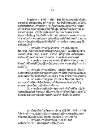 62 
Maslow (1970 : 69 – 80) ได้เสนอทฤษฎีลำาดับขั้น 
ความต้อง (Hierarchy of Needs) นับว่าเป็นทฤษฎีหนึ่งที่ได้รับ 
การยอมรับอย่างกว้างขวาง ซึ่งตั้งอยู่บนสมมุติฐานที่ว่า “มนุษย์ 
เรามีความต้องการอยู่เสมอไม่มีที่สิ้นสุด เมื่อความต้องการได้รับ 
การตอบสนอง หรือพึงพอใจอย่างใดอย่างหนึ่งแล้ว ความ 
ต้องการสิ่งอื่น ๆ ก็จะเกิดขึ้นมาอีก ความต้องการของคนเราอาจ 
จะซำ้าซ้อนกัน ความต้องการอย่างหนึ่งอาจยังไม่ทันหมดไป ความ 
ต้องการอีกอย่างหนึ่งอาจเกิดขึ้นได้” ความต้องการของมนุษย์มี 
ลำาดับขั้นดังนี้ 
1. ความต้องการด้านร่างกาย (Physiological 
Needs) เป็นความต้องการพื้นฐานของมนุษย์ เน้นสิ่งจำาเป็นใน 
การดำารงชีวิต ได้แก่ อาหาร อากาศ ที่อยู่อาศัย เครื่องนุ่งห่ม 
ยารักษาโรคความต้องการพักผ่อน ความต้องการทางเพศ 
2. ความต้องการความปลอดภัย (Safety Needs) ความ 
มั่นคงในชีวิตทั้งที่เป็นอยู่ปัจจุบันและอนาคต ความเจริญก้าวหน้า 
อบอุ่นใจ 
3. ความต้องการทางสังคม (Social Needs) เป็นสิ่ง 
จูงใจที่สำาคัญต่อการเกิดพฤติกรรมต้องการให้สังคมยอมรับตนเอง 
เข้าเป็นสมาชิก ต้องการความเป็นมิตร ความรักจากเพื่อนร่วมงาน 
4. ความต้องการมีฐานะ (Esteem Needs) มีความ 
อยากเด่นในสังคม มีชื่อเสียงอยากให้บุคคลยกย่องสรรเสริญ 
ตนเอง อยากมีความเป็นอิสระเสรีภาพ 
5. ความต้องการที่จะประสบความสำาเร็จในชีวิต (Self– 
Actualization Needs) เป็นความต้องการในระดับสูง อยากให้ 
ตนเองประสบความสำาเร็จทุกอย่างในชีวิต ซึ่งเป็นไปได้ยาก 
มหาวิทยาลัยสุโขทัยธรรมาธิราช (2540 : 141 - 144) 
ได้กล่าวถึงการแบ่งความต้องการของมนุษย์ตามทฤษฎีของแมค 
คลีแลนด์ (David McCleland) ออกเป็น 3 ประเภท คือ 
1. ความต้องการสัมฤทธิ์ผล (Needs for 
Achievement) เป็นพฤติกรรมที่จะกระทำา 
 