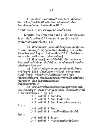 74 
3. แบบสอบถามความพึงพอใจของนักเรียนที่มีต่อการ 
จัดการเรียนรู้โดยใช้ชุดฝึกเสริมทักษะคณิตศาสตร์ เรื่อง 
อัตราส่วนและร้อยละ ชั้นมัธยมศึกษาปีที่ 2 
การสร้างและพัฒนาหาคุณภาพเครื่องมือ 
1. ชุดฝึกเสริมทักษะคณิตศาสตร์ เรื่อง อัตราส่วนและ 
ร้อยละ ชั้นมัธยมศึกษาปีที่ 2 จำานวน 8 ชุด ผู้รายงานได้ 
ดำาเนินการตามลำาดับขั้นตอน ดังนี้ 
1.1 ศึกษาหลักสูตร เอกสารที่เกี่ยวข้องกับหลักสูตรและ 
กำาหนดการจัดการเรียนรู้ วิชาคณิตศาสตร์พื้นฐาน แบบเรียน 
วิชาคณิตศาสตร์พื้นฐาน ชั้นมัธยมศึกษาปีที่ 2 เพื่อให้ทราบ 
แนวทางในการสร้างแผนการจัดการเรียนรู้ 
1.2 ศึกษาทฤษฎีและงานวิจัยที่เกี่ยวกับการสร้างและ 
พัฒนาชุดฝึกเสริมทักษะ เพื่อใช้เป็นแนวทางในการสร้างชุดฝึก 
เสริมทักษะคณิตศาสตร์ 
1.3 วิเคราะห์หลักสูตรแกนกลางการศึกษาขั้นพื้นฐาน 
พุทธศักราช 2551 เกี่ยวกับสาระการเรียนรู้ มาตรฐานการ 
เรียนรู้ ตัวชี้วัด กลุ่มสาระการเรียนรู้คณิตศาสตร์ วิชา 
คณติศาสตรพ์นื้ฐาน เพอื่นำาไปเปน็กรอบในการทำาชุดฝึกเสริมทักษะ 
คณิตศาสตร์ เรื่อง อัตราส่วนและร้อยละ 
ชั้นมัธยมศึกษาปีที่ 2 
1.4 กำาหนดสาระทจี่ะนำาไปออกแบบและจดัทำาชุดฝึกเสริม 
ทักษะคณิตศาสตร์ เรื่องอัตราส่วนและร้อยละ ชั้นมัธยมศึกษาปีที่ 
2 โดยจัดทำาทั้งหมด 8 ชุด ดังนี้ 
1.4.1 ชุดฝึกที่ 1 อัตราส่วน 
1.4.2 ชุดฝึกที่ 2 อัตราส่วนที่เท่ากัน 
1.4.3 ชุดฝึกที่ 3 อัตราส่วนของจำานวนหลาย ๆ 
จำานวน 
1.4.4 ชุดฝึกที่ 4 สัดส่วน 
1.4.5 ชุดฝึกที่ 5 การแก้โจทย์ปัญหาโดยใช้ 
สัดส่วน 
1.4.6 ชุดฝึกที่ 6 ร้อยละ 
1.4.7 ชุดฝึกที่ 7 การคำานวณเกี่ยวกับร้อยละ 
 