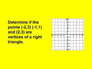 Determine if the
points (-2,3) (-1,1)
and (2,3) are
vertices of a right
triangle.
 