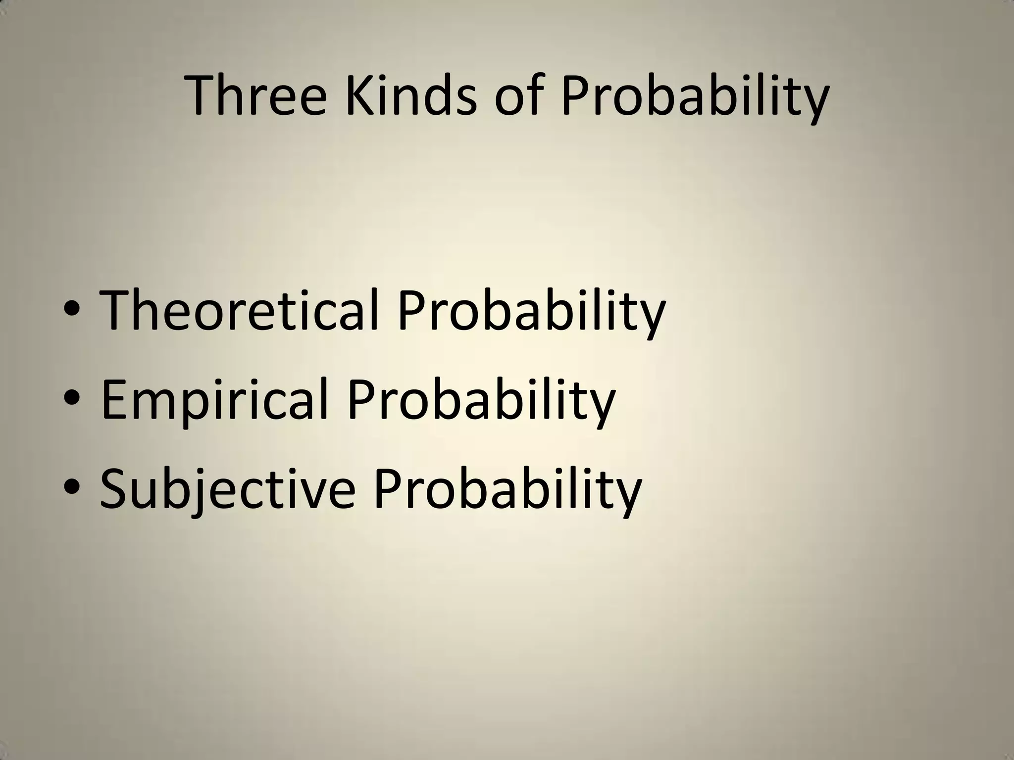 Three Kinds of ProbabilityTheoretical ProbabilityEmpirical ProbabilitySubjective Probability