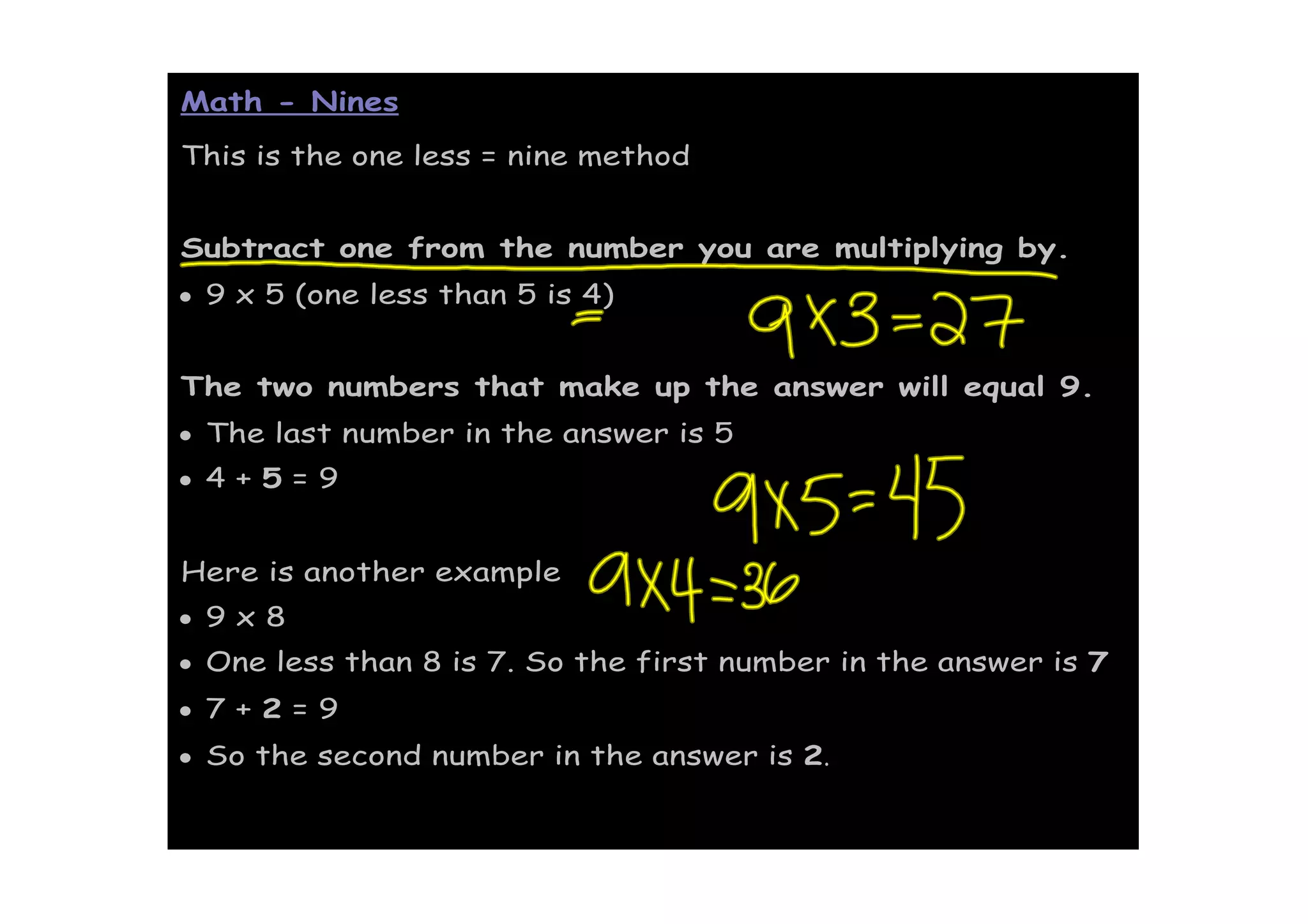 Math - Nines

This is the one less = nine method


Subtract one from the number you are multiplying by.
• 9 x 5 (one less than 5 is 4)


The two numbers that make up the answer will equal 9.
• The last number in the answer is 5
• 4+5=9


Here is another example
• 9x8
• One less than 8 is 7. So the first number in the answer is 7
• 7+2=9
• So the second number in the answer is 2.
 