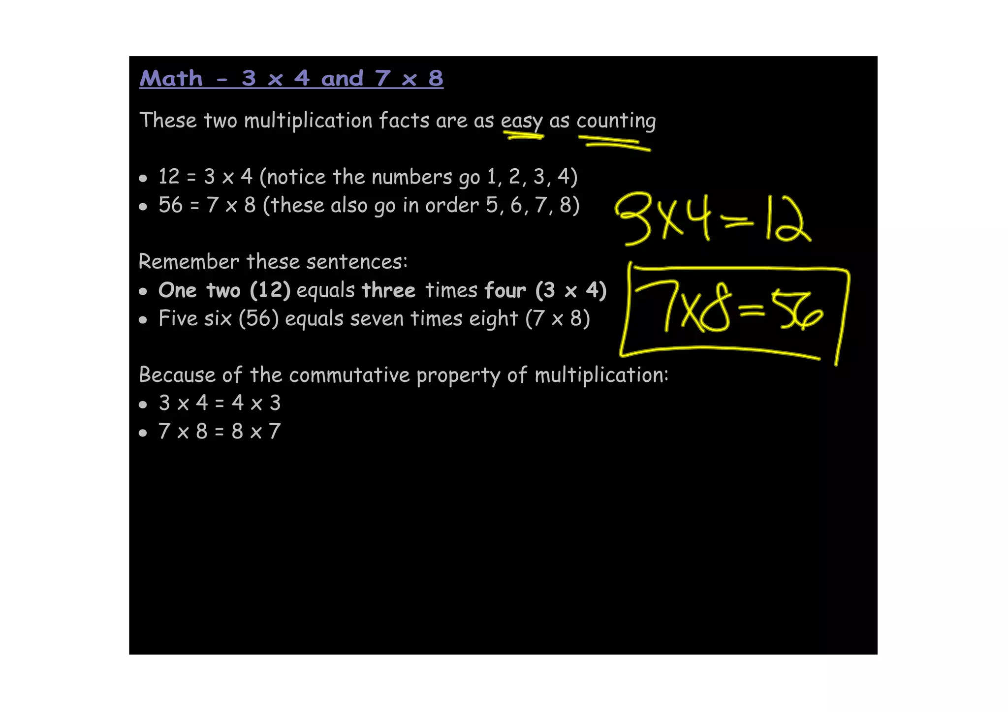Math - 3 x 4 and 7 x 8

These two multiplication facts are as easy as counting

• 12 = 3 x 4 (notice the numbers go 1, 2, 3, 4)
• 56 = 7 x 8 (these also go in order 5, 6, 7, 8)

Remember these sentences:
• One two (12) equals three times four (3 x 4)
• Five six (56) equals seven times eight (7 x 8)

Because of the commutative property of multiplication:
• 3x4=4x3
• 7x8=8x7
 