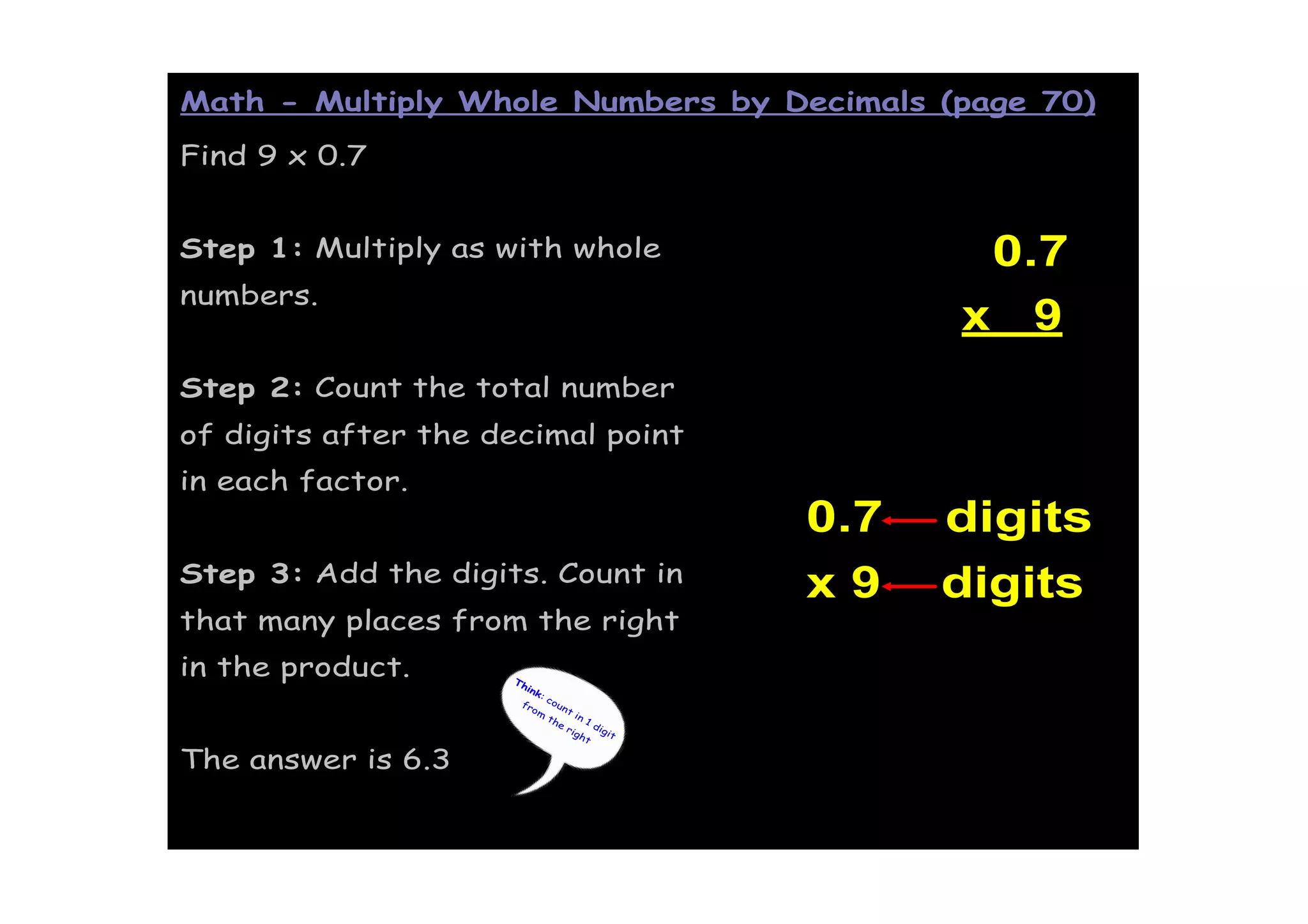 Math - Multiply Whole Numbers by Decimals (page 70)

Find 9 x 0.7


Step 1: Multiply as with whole                          0.7
numbers.
                                                      x   9
Step 2: Count the total number
of digits after the decimal point
in each factor.
                                               0.7    digits
Step 3: Add the digits. Count in
                                               x 9    digits
that many places from the right
in the product.      Th
                       ink
                           :c
                      fr      o
                         om unt
                            th      in
                                e      1
                                  rig digi
                                     ht    t


The answer is 6.3
 