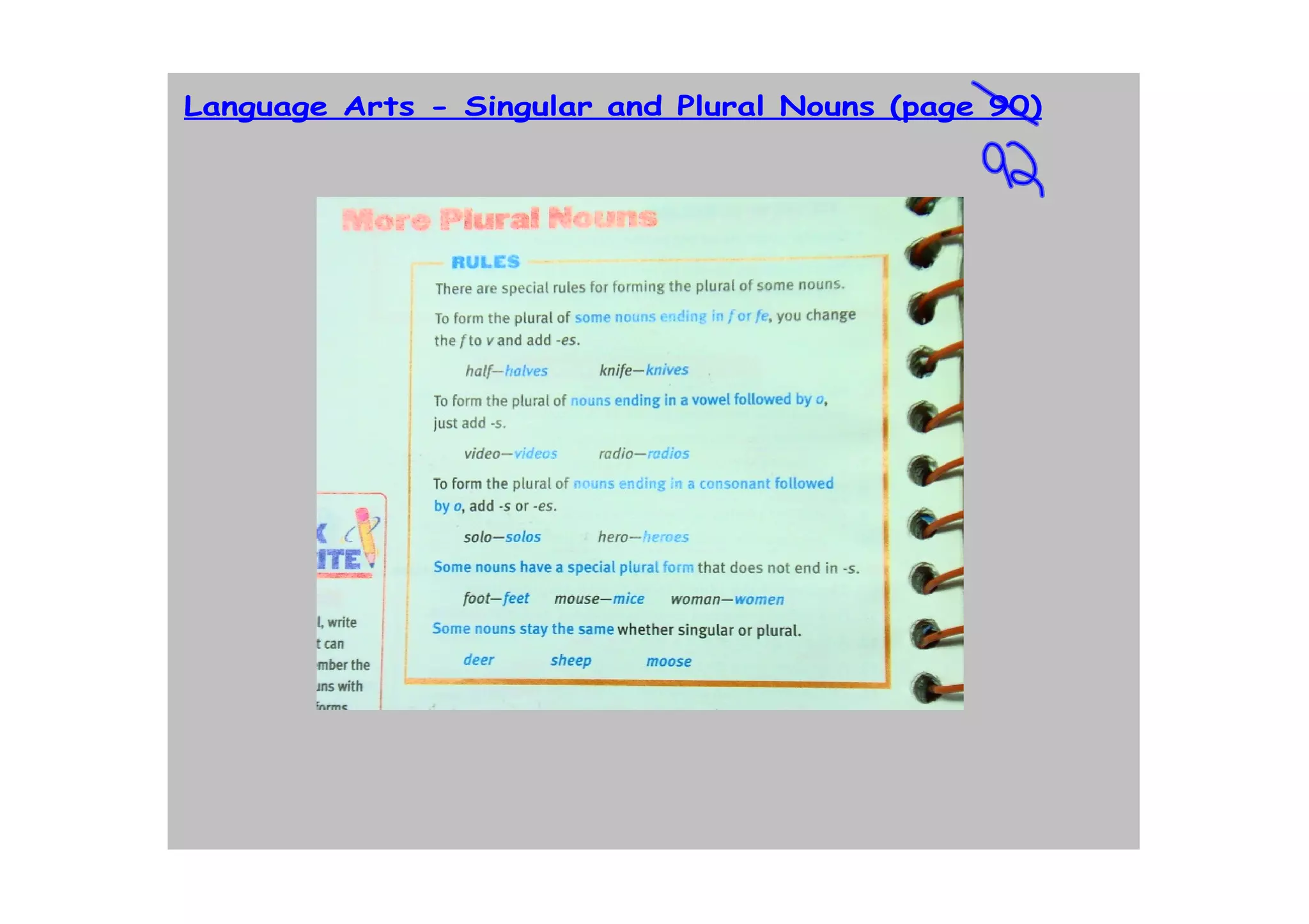 Language Arts - Singular and Plural Nouns (page 90)
 