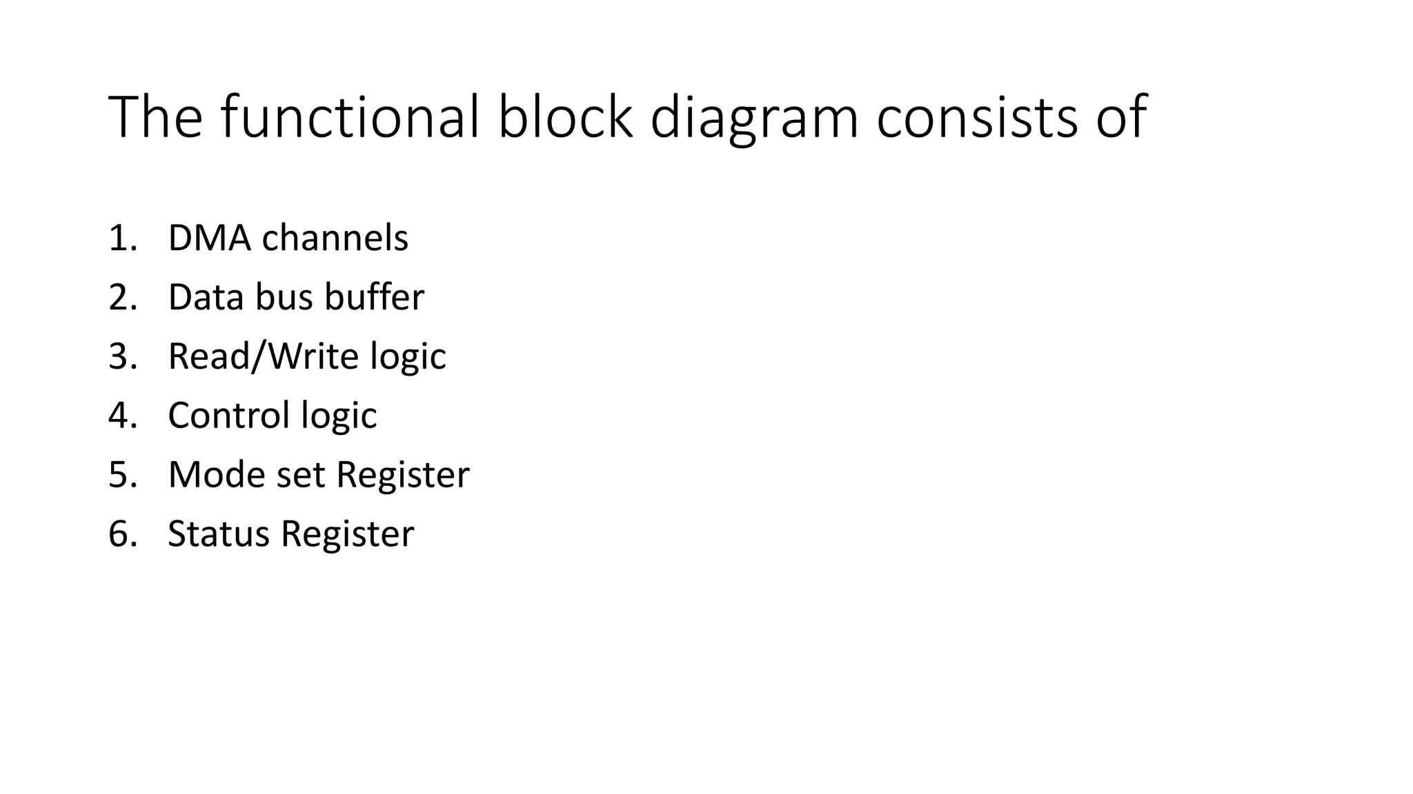 The functional block diagram consists of
1. DMA channels
2. Data bus buffer
3. Read/Write logic
4. Control logic
5. Mode set Register
6. Status Register
 