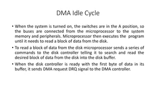 DMA Idle Cycle
• When the system is turned on, the switches are in the A position, so
the buses are connected from the microprocessor to the system
memory and peripherals. Microprocessor then executes the program
until it needs to read a block of data from the disk.
• To read a block of data from the disk microprocessor sends a series of
commands to the disk controller telling it to search and read the
desired block of data from the disk into the disk buffer.
• When the disk controller is ready with the first byte of data in its
buffer, it sends DMA request DRQ signal to the DMA controller.
 