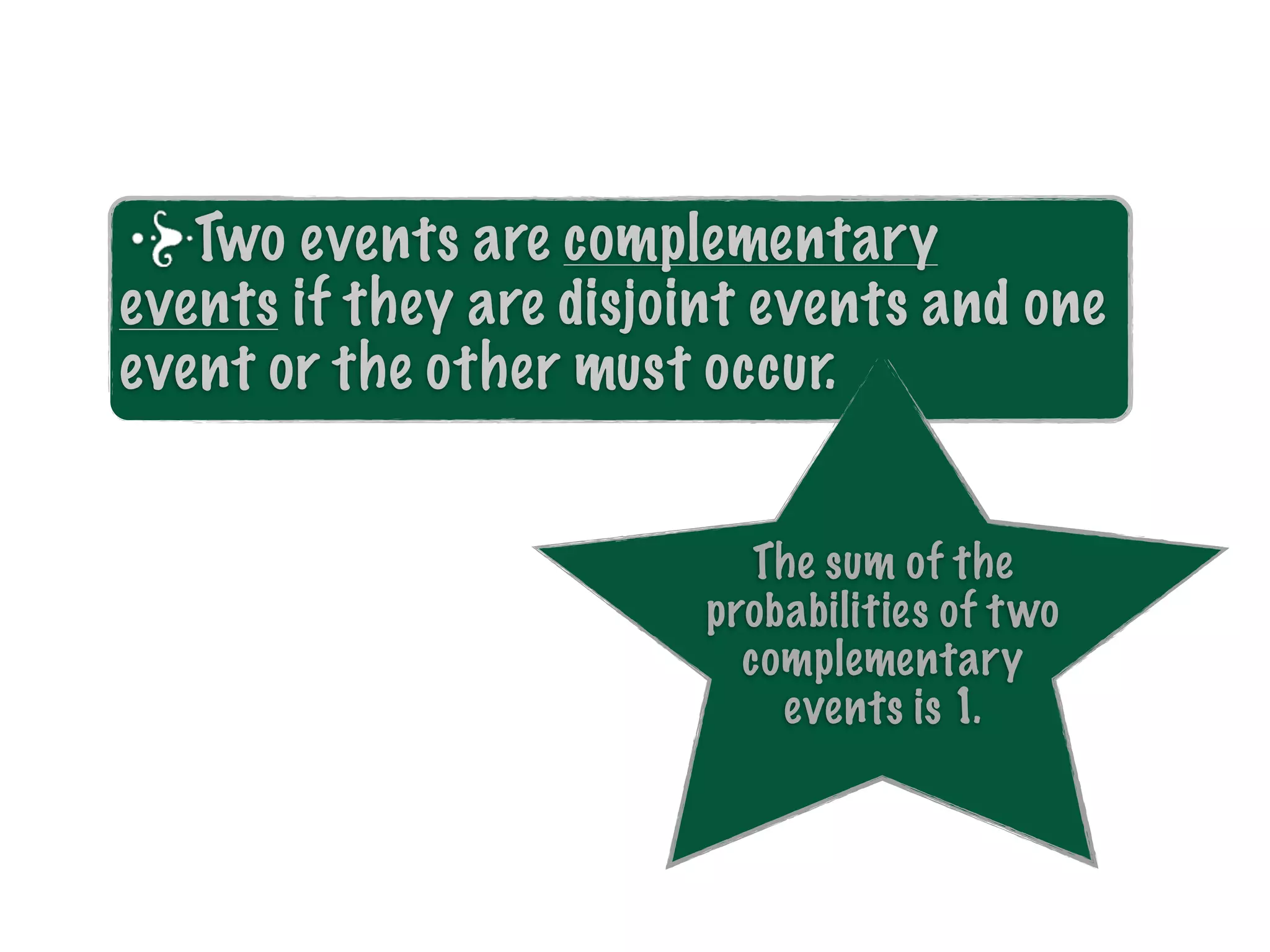 Two events are complementary
events if they are disjoint events and one
event or the other must occur.


                            The sum of the
                         probabilities of t wo
                           complementary
                             events is 1.
 