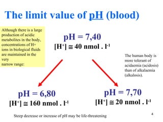 The limit value of pH (blood)
Although there is a large
production of acidic
metabolites in the body,            pH = 7,40
concentrations of H+
ions in biological fluids
                               [H+] ≅ 40 nmol . l-1
are maintained in the                                             The human body is
very                                                              more tolerant of
narrow range:                                                     acidaemia (acidosis)
                                                                  than of alkalaemia
                                                                  (alkalosis).



          pH = 6,80                                          pH = 7,70
    [H ] ≅ 160 nmol . l
         +                            -1                [H+] ≅ 20 nmol . l-1
                                                                                 4
       Steep decrease or increase of pH may be life-threatening
 