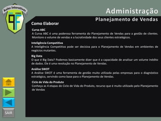 SAIR
Como Elaborar
Curva ABC
A Curva ABC é uma poderosa ferramenta do Planejamento de Vendas para a gestão de clientes.
Monitore o volume de vendas e a lucratividade dos seus clientes estratégicos.
Inteligência Competitiva
A Inteligência Competitiva pode ser decisiva para o Planejamento de Vendas em ambientes de
negócios mutantes.
Big Data
O que é Big Data? Podemos basicamente dizer que é a capacidade de analisar um volume inédito
de dados. Ele é uma revolução no Planejamento de Vendas.
Análise SWOT
A Análise SWOT é uma ferramenta de gestão muito utilizada pelas empresas para o diagnóstico
estratégico, servindo como base para o Planejamento de Vendas.
Ciclo de Vida do Produto
Conheça as 4 etapas do Ciclo de Vida do Produto, recurso que é muito utilizado pelo Planejamento
de Vendas
 