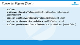 Converter Plguins (Con’t)
• boolean
preConvertDarwinoToDomino(ReplicationSourceDocument
jsonDocument)
• boolean postConver...