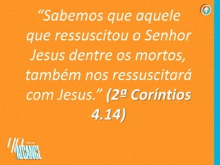 “Sabemos que aquele
que ressuscitou o Senhor
Jesus dentre os mortos,
também nos ressuscitará
com Jesus.” (2ª Coríntios
4.14)
 
