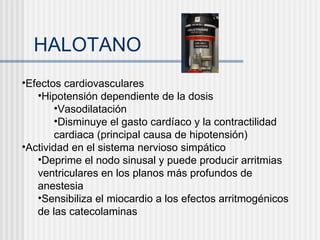 HALOTANO Efectos cardiovasculares Hipotensión dependiente de la dosis Vasodilatación Disminuye el gasto cardíaco y la contractilidad cardiaca (principal causa de hipotensión) Actividad en el sistema nervioso simpático Deprime el nodo sinusal y puede producir arritmias ventriculares en los planos más profundos de anestesia Sensibiliza el miocardio a los efectos arritmogénicos de las catecolaminas 
