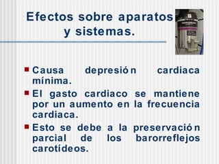 Efectos sobre aparatos y sistemas. Causa depresión cardiaca mínima. El gasto cardiaco se mantiene por un aumento en la frecuencia cardiaca. Esto se debe a la preservación parcial de los barorreflejos carotídeos. 