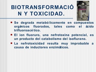 BIOTRANSFORMACIÓN Y TOXICIDAD. Se degrada metabólicamente en compuestos orgánicos fluorados, tales como el ácido trifluoroacético. El ion fluoruro, una nefrotoxina potencial, es un producto del catabolismo del isoflurano. La nefrotoxicidad resulta muy improbable a causa de inductores enzimáticos. 