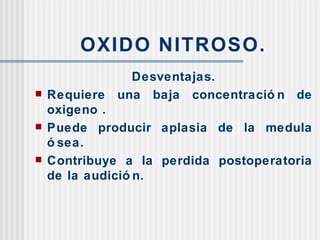 OXIDO NITROSO. Desventajas. Requiere una baja concentración de oxigeno . Puede producir aplasia de la medula ósea. Contribuye a la perdida postoperatoria de la audición. 