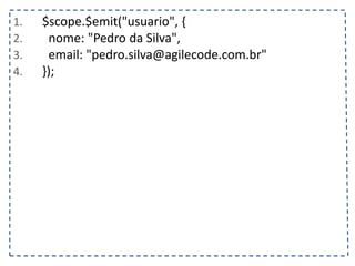 1. $scope.$emit("usuario", { 
2. nome: "Pedro da Silva", 
3. email: "pedro.silva@agilecode.com.br" 
4. }); 
 