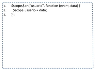 1. $scope.$on("usuario", function (event, data) { 
2. $scope.usuario = data; 
3. }); 
 