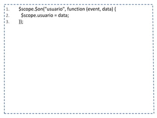 1. $scope.$on("usuario", function (event, data) { 
2. $scope.usuario = data; 
3. }); 
 