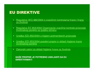 EU DIREKTIVE
  Regulativa (EC) 882/2004 o zvaničnim kontrolama hrane i hrane
  za životinje

  Regulativa EC 854/2004 Organizacije zvanične kontrole proizvoda
  životinjskog porekla za ljudsku ishranu

  Uredba (EZ) 852/2004 o higijeni prehrambenih proizvoda

  Uredba (EZ) 853/2004 posebni propisi iz oblasti higijene hrane
  životinjskog porekla

  Zakonski uslovi za oblast higijene hrane za životinje


  NAŠE PROPISE JE POTREBNO USKLADITI SA EU
  DIREKTIVAMA!!!
 