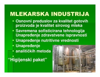 MLEKARSKA INDUSTRIJA
   Osnovni preduslov za kvalitet gotovih
   proizvoda je kvalitet sirovog mleka
   Savremena sofisticirana tehnologija
   Unapreñenje zdravstvene ispravnosti
   Unapreñenje nutritivne vrednosti
   Unapreñenje
   analitičkih metoda

“Higijenski paket”
 