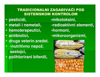 TRADICIONALNI ZAGAðIVAČI POD
      SISTEMSKOM KONTROLOM
pesticidi,                •mikotoksini,
metali i nemetali,        •radioaktivni elementi,
hemoterapeutici,          •hormoni,
antibiotici,              •mikoroorganizmi,
druga veterin.sredst.
•nutritivno nepož.
sastojci,
polih
polihlorirani bifenili,
              bifenili,
 