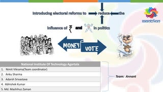 MONEY
VOTE
National Institute Of Technology Agartala
1. Nimit Vikrama(Team coordinator)
2. Anku Sharma
3. Adarsh Srivastava
4. Abhishek Kumar
5. Md. Mashihuz Zaman
Team: Annant
 
