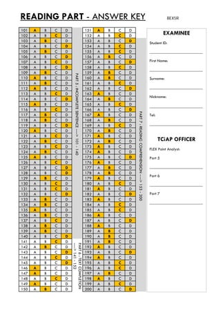 READING PART - ANSWER KEY BEX5R
101 A B C D 151 A B C D
102 A B C D 152 A B C D EXAMINEE102 A B C D 152 A B C D
103 A B C D 153 A B C D
104 A B C D 154 A B C D
105 A B C D 155 A B C D
106 A B C D 156 A B C D
107 A B C D 157 A B C D
108 A B C D 158 A B C D
Student ID:
__________________________
First Name:
109 A B C D 159 A B C D
110 A B C D 160 A B C D
111 A B C D 161 A B C D
112 A B C D 162 A B C D
113 A B C D 163 A B C D
114 A B C D 164 A B C D
115 A B C D 165 A B C D
__________________________
Surname:
__________________________
Nickname:
PART5:INCOMPLET
116 A B C D 166 A B C D
117 A B C D 167 A B C D
118 A B C D 168 A B C D
119 A B C D 169 A B C D
120 A B C D 170 A B C D
121 A B C D 171 A B C D
122 A B C D 172 A B C D
__________________________
Tel:
__________________________
TCiAP OFFICER
TESENTENCE---->10
PART7:READING
122 A B C D 172 A B C D
123 A B C D 173 A B C D
124 A B C D 174 A B C D
125 A B C D 175 A B C D
126 A B C D 176 A B C D
127 A B C D 177 A B C D
128 A B C D 178 A B C D
129 A B C D 179 A B C D
FLEX Point Analyst:
Part 5
__________________________
Part 6
01-140
COMPREHENSION--
129 A B C D 179 A B C D
130 A B C D 180 A B C D
131 A B C D 181 A B C D
132 A B C D 182 A B C D
133 A B C D 183 A B C D
134 A B C D 184 A B C D
135 A B C D 185 A B C D
Part 6
__________________________
Part 7
__________________________
--->153-200
136 A B C D 186 A B C D
137 A B C D 187 A B C D
138 A B C D 188 A B C D
139 A B C D 189 A B C D
140 A B C D 190 A B C D
141 A B C D 191 A B C D
142 A B C D 192 A B C D
PA
----
142 A B C D 192 A B C D
143 A B C D 193 A B C D
144 A B C D 194 A B C D
145 A B C D 195 A B C D
146 A B C D 196 A B C D
147 A B C D 197 A B C D
148 A B C D 198 A B C D
149 A B C D 199 A B C D
RT6:TEXTCOMPLETI
->141-152
149 A B C D 199 A B C D
150 A B C D 200 A B C D
ION
 