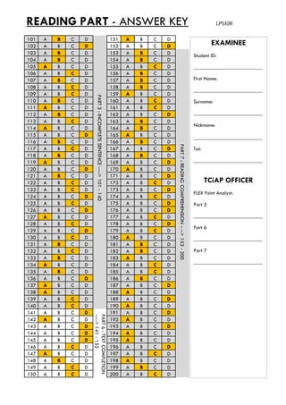 READING PART - ANSWER KEY LPSI0R
101 A B C D 151 A B C D
102 A B C D 152 A B C D EXAMINEE102 A B C D 152 A B C D
103 A B C D 153 A B C D
104 A B C D 154 A B C D
105 A B C D 155 A B C D
106 A B C D 156 A B C D
107 A B C D 157 A B C D
108 A B C D 158 A B C D
Student ID:
__________________________
First Name:
109 A B C D 159 A B C D
110 A B C D 160 A B C D
111 A B C D 161 A B C D
112 A B C D 162 A B C D
113 A B C D 163 A B C D
114 A B C D 164 A B C D
115 A B C D 165 A B C D
__________________________
Surname:
__________________________
Nickname:
PART5:INCOMPLET
116 A B C D 166 A B C D
117 A B C D 167 A B C D
118 A B C D 168 A B C D
119 A B C D 169 A B C D
120 A B C D 170 A B C D
121 A B C D 171 A B C D
122 A B C D 172 A B C D
__________________________
Tel:
__________________________
TCiAP OFFICER
TESENTENCE---->10
PART7:READING
122 A B C D 172 A B C D
123 A B C D 173 A B C D
124 A B C D 174 A B C D
125 A B C D 175 A B C D
126 A B C D 176 A B C D
127 A B C D 177 A B C D
128 A B C D 178 A B C D
129 A B C D 179 A B C D
FLEX Point Analyst:
Part 5
__________________________
Part 6
01-140
COMPREHENSION--
129 A B C D 179 A B C D
130 A B C D 180 A B C D
131 A B C D 181 A B C D
132 A B C D 182 A B C D
133 A B C D 183 A B C D
134 A B C D 184 A B C D
135 A B C D 185 A B C D
Part 6
__________________________
Part 7
__________________________
--->153-200
136 A B C D 186 A B C D
137 A B C D 187 A B C D
138 A B C D 188 A B C D
139 A B C D 189 A B C D
140 A B C D 190 A B C D
141 A B C D 191 A B C D
142 A B C D 192 A B C D
PA
----
142 A B C D 192 A B C D
143 A B C D 193 A B C D
144 A B C D 194 A B C D
145 A B C D 195 A B C D
146 A B C D 196 A B C D
147 A B C D 197 A B C D
148 A B C D 198 A B C D
149 A B C D 199 A B C D
RT6:TEXTCOMPLETI
->141-152
149 A B C D 199 A B C D
150 A B C D 200 A B C D
ION
 