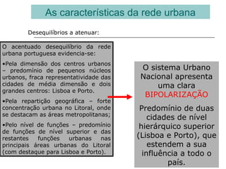 As características da rede urbana
Desequilíbrios a atenuar:
O acentuado desequilíbrio da rede
urbana portuguesa evidencia-se:
•Pela dimensão dos centros urbanos
– predomínio de pequenos núcleos
urbanos, fraca representatividade das
cidades de média dimensão e dois
grandes centros: Lisboa e Porto.
•Pela repartição geográfica – forte
concentração urbana no Litoral, onde
se destacam as áreas metropolitanas;
•Pelo nível de funções – predomínio
de funções de nível superior e das
restantes funções urbanas nas
principais áreas urbanas do Litoral
(com destaque para Lisboa e Porto).
O sistema Urbano
Nacional apresenta
uma clara
BIPOLARIZAÇÃO
Predomínio de duas
cidades de nível
hierárquico superior
(Lisboa e Porto), que
estendem a sua
influência a todo o
país.
 