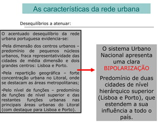 As características da rede urbana
Desequilíbrios a atenuar:
O acentuado desequilíbrio da rede
urbana portuguesa evidencia-se:
•Pela dimensão dos centros urbanos –
predomínio de pequenos núcleos
urbanos, fraca representatividade das
cidades de média dimensão e dois
grandes centros: Lisboa e Porto.
•Pela repartição geográfica – forte
concentração urbana no Litoral, onde
se destacam as áreas metropolitanas;
•Pelo nível de funções – predomínio
de funções de nível superior e das
restantes funções urbanas nas
principais áreas urbanas do Litoral
(com destaque para Lisboa e Porto).
O sistema Urbano
Nacional apresenta
uma clara
BIPOLARIZAÇÃO
Predomínio de duas
cidades de nível
hierárquico superior
(Lisboa e Porto), que
estendem a sua
influência a todo o
país.
 