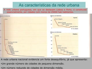 A rede urbana portuguesa, em que se destacam Lisboa e Porto, é constituída
essencialmente, por cidades com menos de 25000 hab habitantes.
As características da rede urbana
A rede urbana nacional evidencia um forte desequilíbrio, já que apresenta:
•Um grande número de cidades de pequena dimensão.
•Um número reduzido de cidades de dimensão média.
 
