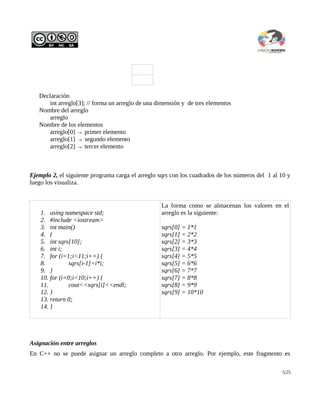 Declaración
      int arreglo[3]; // forma un arreglo de una dimensión y de tres elementos
   Nombre del arreglo
      arreglo
   Nombre de los elementos
      arreglo[0] → primer elemento
      arreglo[1] → segundo elemento
      arreglo[2] → tercer elemento



Ejemplo 2, el siguiente programa carga el arreglo sqrs con los cuadrados de los números del 1 al 10 y
luego los visualiza.


                                                   La forma como se almacenan los valores en el
    1. using namespace std;                        arreglo es la siguiente:
    2. #include <iostream>
    3. int main()                                  sqrs[0] = 1*1
    4. {                                           sqrs[1] = 2*2
    5. int sqrs[10];                               sqrs[2] = 3*3
    6. int i;                                      sqrs[3] = 4*4
    7. for (i=1;i<11;i++) {                        sqrs[4] = 5*5
    8.          sqrs[i-1]=i*i;                     sqrs[5] = 6*6
    9. }                                           sqrs[6] = 7*7
    10. for (i=0;i<10;i++) {                       sqrs[7] = 8*8
    11.         cout<<sqrs[i]<<endl;               sqrs[8] = 9*9
    12. }                                          sqrs[9] = 10*10
    13. return 0;
    14. }




Asignación entre arreglos
En C++ no se puede asignar un arreglo completo a otro arreglo. Por ejemplo, este fragmento es

                                                                                                 5/25
 