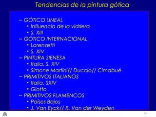 24 
Tendencias de la pintura gótica 
– GÓTICO LINEAL 
• Influencia de la vidriera 
• S. XIII 
– GÓTICO INTERNACIONAL 
• Lorenzetti 
• S. XIV 
– PINTURA SIENESA 
• Italia. S. XIV 
• Simone Martini// Duccio// Cimabué 
– PRIMITIVOS ITALIANOS 
• Italia. SXIV 
• Giotto 
– PRIMITIVOS FLAMENCOS 
• Países Bajos 
• J. Van Eyck// R. Van der Weyden 
 