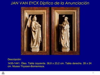52 
JAN VAN EYCK Díptico de la Anunciación 
Descripción: 
1435-1441. Óleo. Tabla izquierda. 38,8 x 23,2 cm. Tabla derecha. 39 x 24 
cm. Museo Thyssen-Bornemisza. 
 